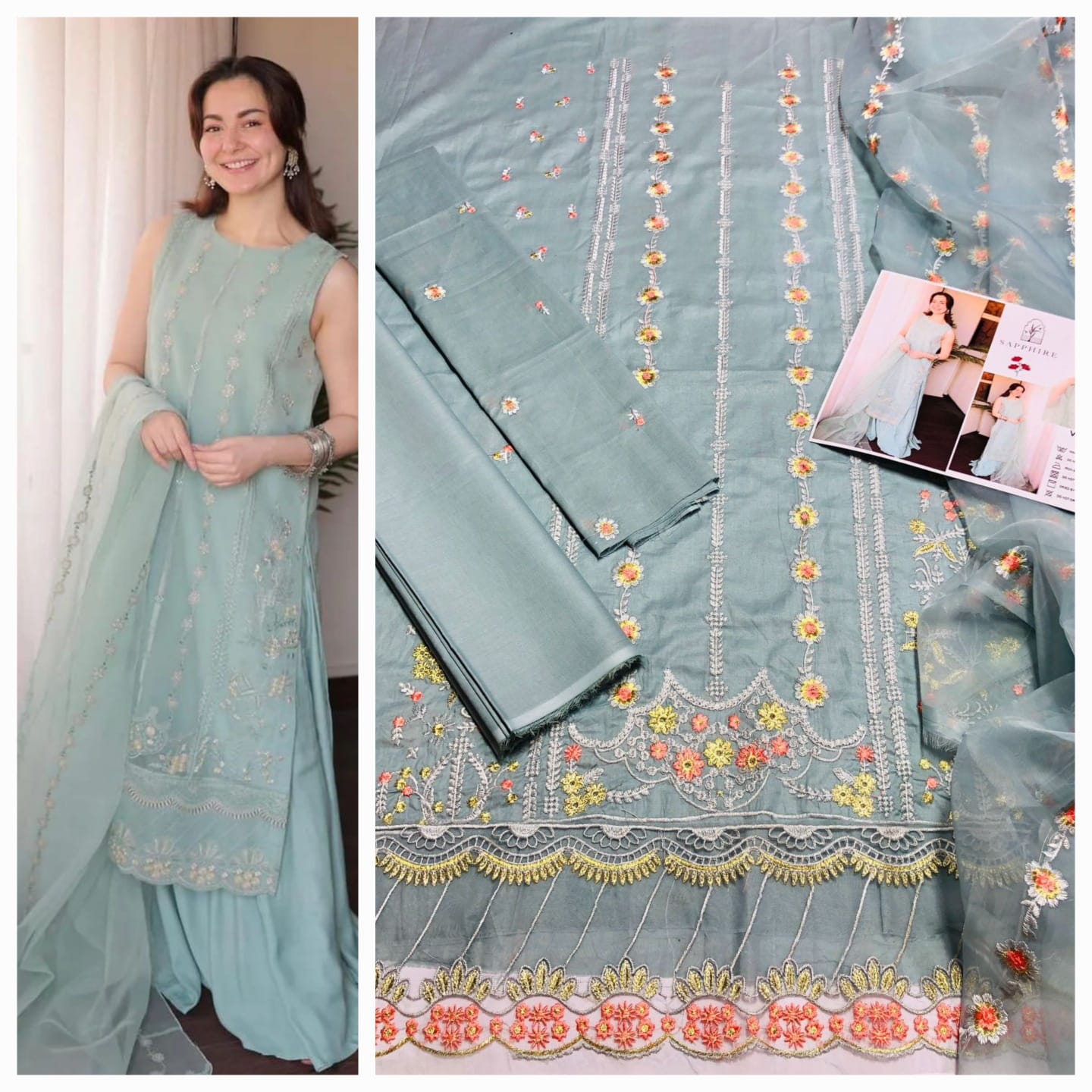 3-Piece Embroidered Lawn Suit with Organza Dupatta